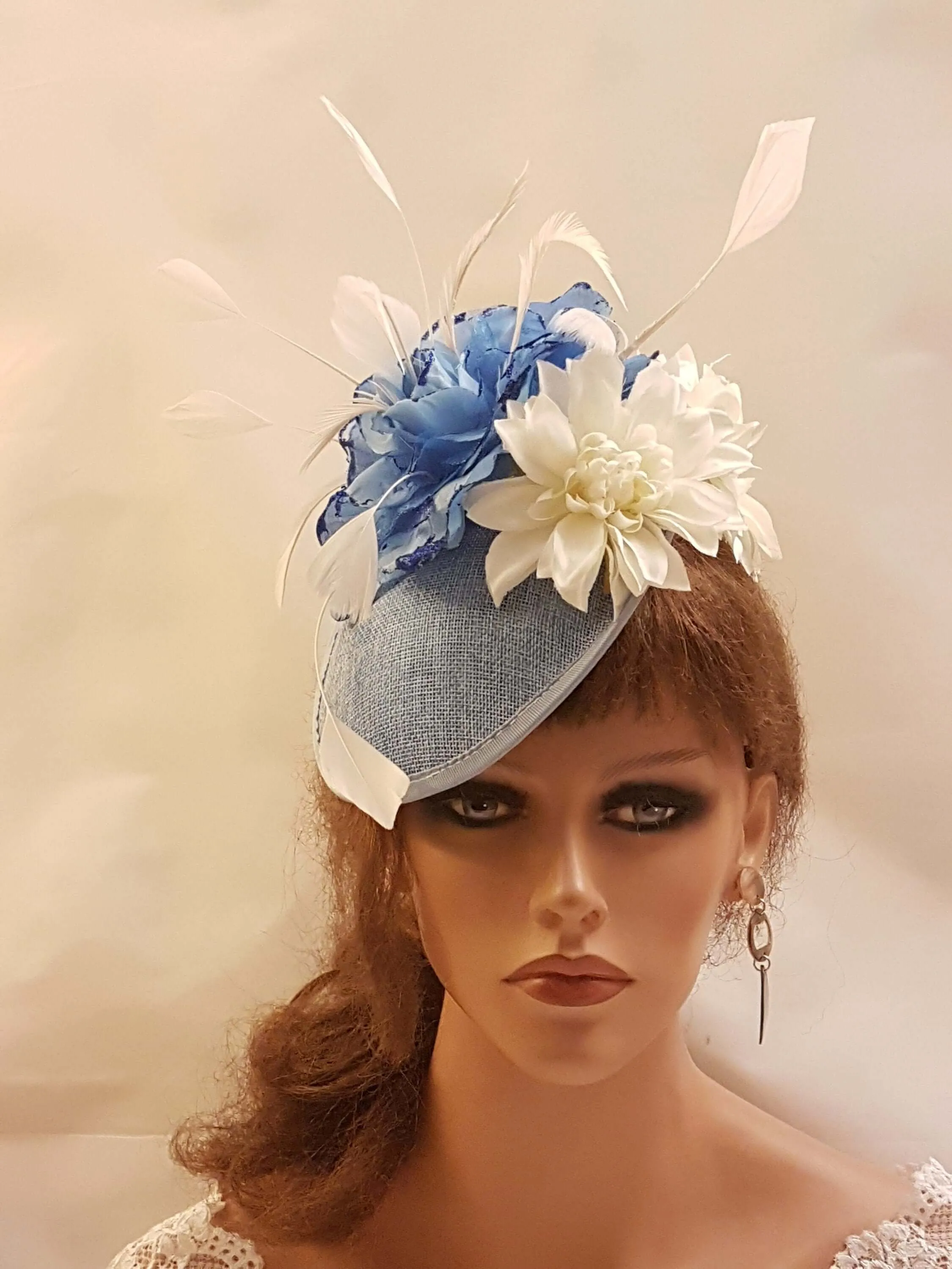 Blue & White fascinator large saucer hatinator Feather Floral Church Derby Ascot Race Wedding TeaParty hat Mother of Bride/Groom Hatinator