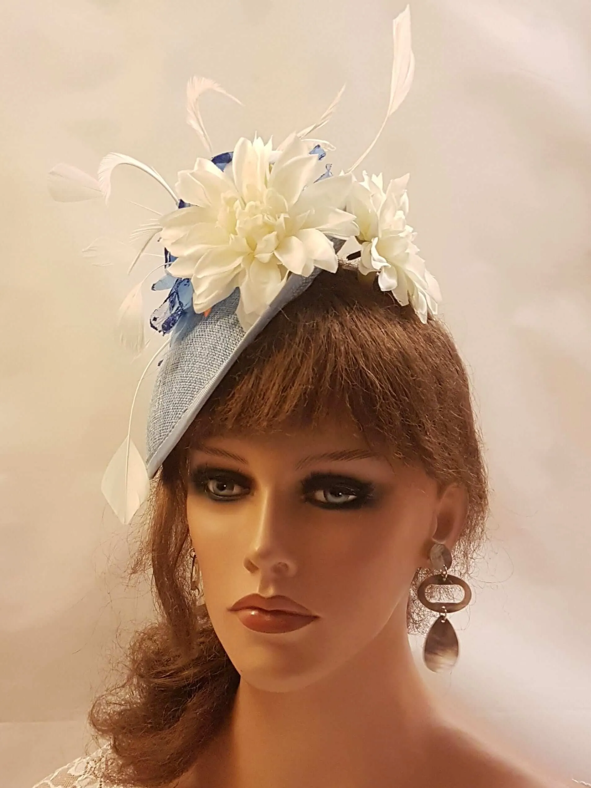 Blue & White fascinator large saucer hatinator Feather Floral Church Derby Ascot Race Wedding TeaParty hat Mother of Bride/Groom Hatinator