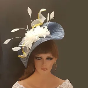 BLUE & WHITE HAT Fascinator Silver or Gold Swril Floral Hatinator Wedding, Race,Ladies Day, Womens hat, Mother of bride-Groom hat fascinator