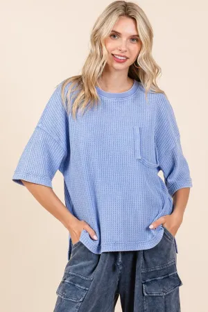Blue Mineral Wash Waffle Knit Short Sleeve Top