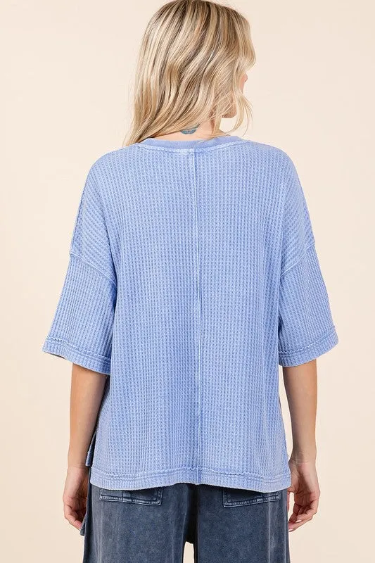 Blue Mineral Wash Waffle Knit Short Sleeve Top