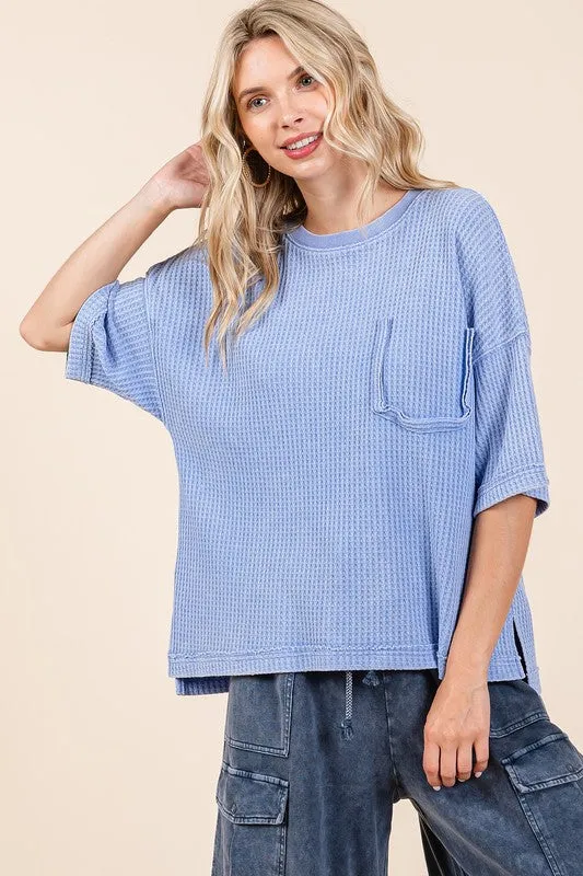 Blue Mineral Wash Waffle Knit Short Sleeve Top