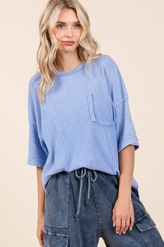 Blue Mineral Wash Waffle Knit Short Sleeve Top