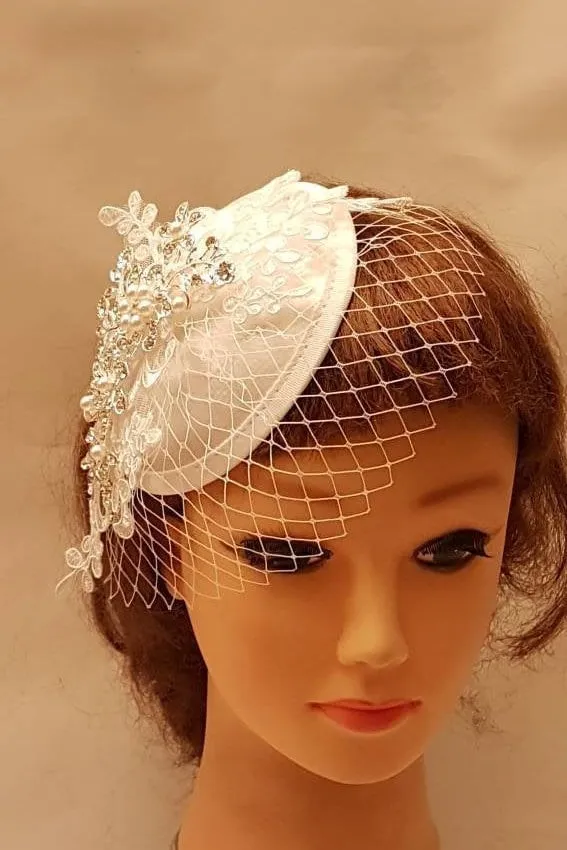 Bridal Hat FASCINATOR Birdcage Veil, White,Ivory bridal MINI Veil hat