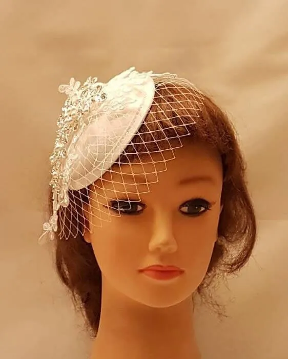 Bridal Hat FASCINATOR Birdcage Veil, White,Ivory bridal MINI Veil hat