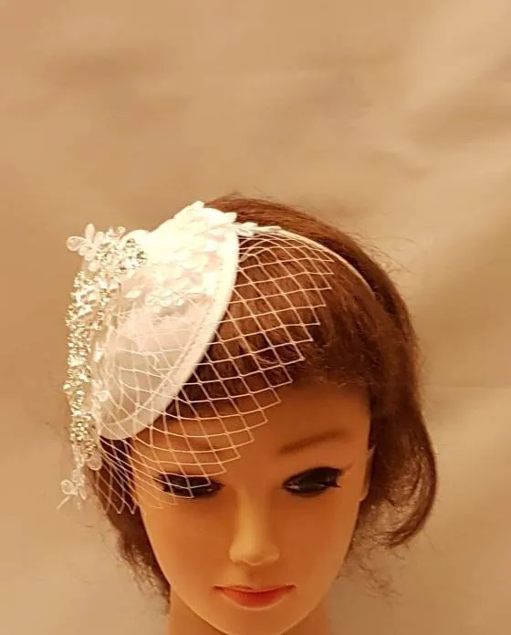 Bridal Hat FASCINATOR Birdcage Veil, White,Ivory bridal MINI Veil hat