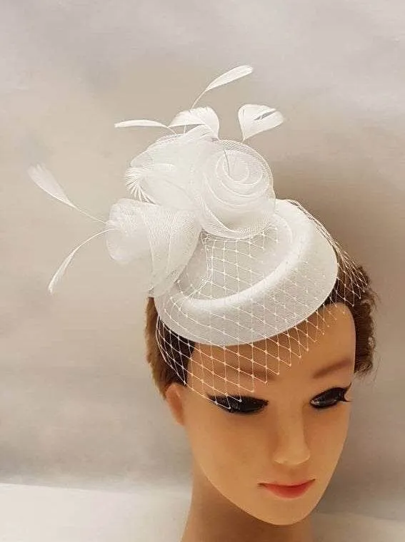 Bridal Hat fascinator with mini birdcage veil  #Feather fascinator White, Ivory, Black Wedding hair accessory