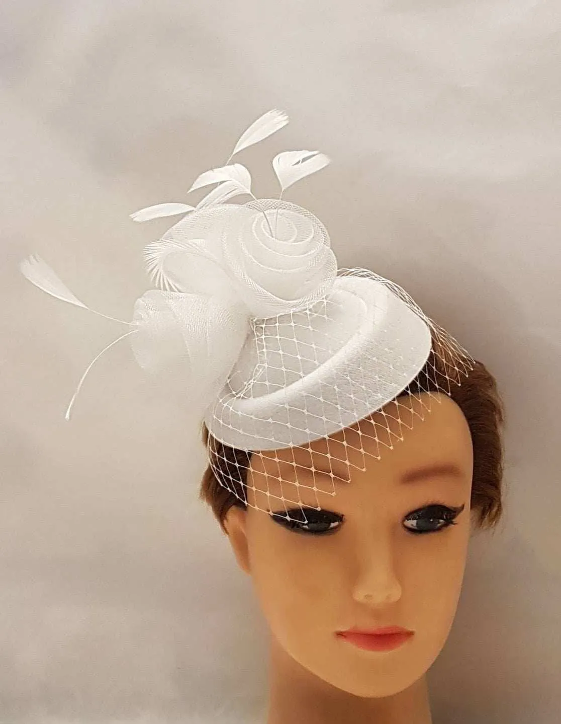 Bridal Hat fascinator with mini birdcage veil  #Feather fascinator White, Ivory, Black Wedding hair accessory
