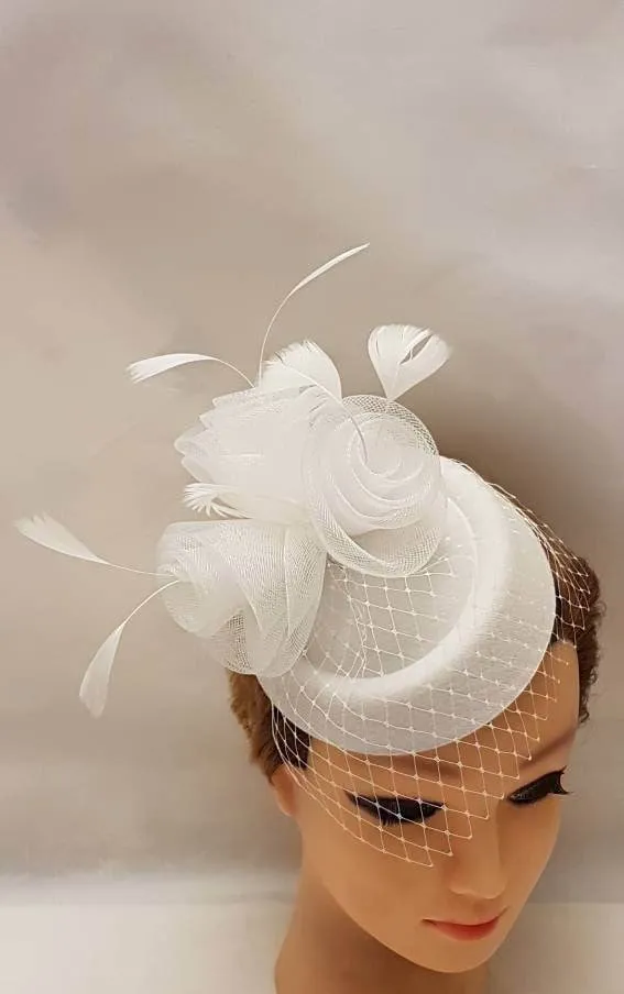 Bridal Hat fascinator with mini birdcage veil  #Feather fascinator White, Ivory, Black Wedding hair accessory