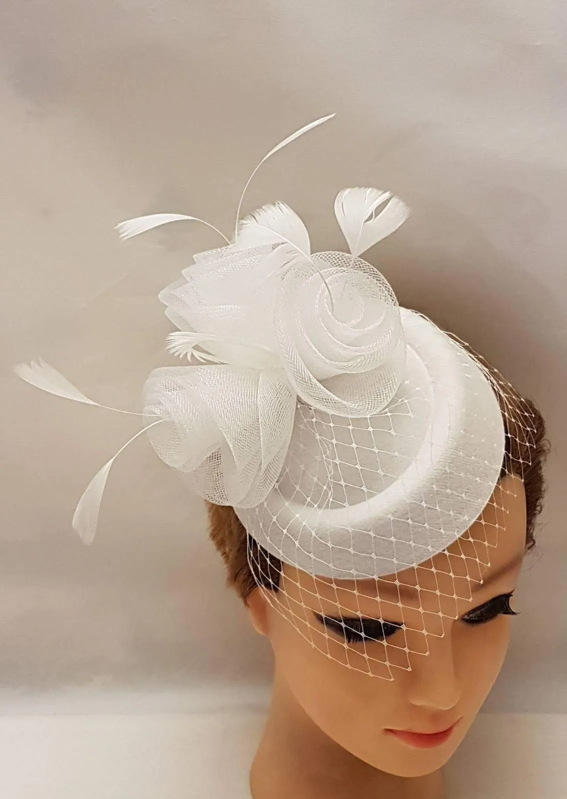 Bridal Hat fascinator with mini birdcage veil  #Feather fascinator White, Ivory, Black Wedding hair accessory