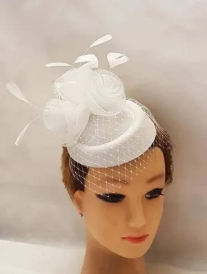 Bridal Hat fascinator with mini birdcage veil  #Feather fascinator White, Ivory, Black Wedding hair accessory