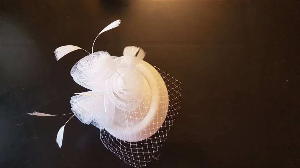Bridal Hat fascinator with mini birdcage veil  #Feather fascinator White, Ivory, Black Wedding hair accessory