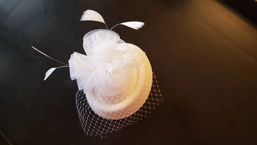 Bridal Hat fascinator with mini birdcage veil  #Feather fascinator White, Ivory, Black Wedding hair accessory