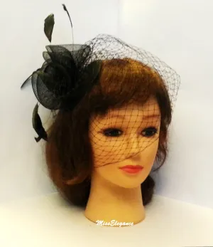 Bridal, wedding  Black Birdcage Veil Fascinator with feather hat hairpiece. Vintage inspired Frenchnet bridal, ceremoney hat veil headpiece