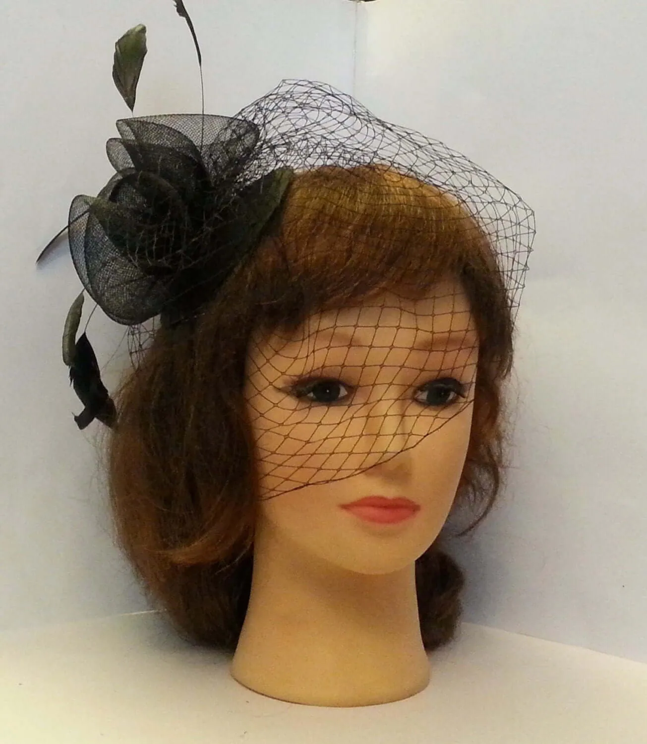 Bridal, wedding  Black Birdcage Veil Fascinator with feather hat hairpiece. Vintage inspired Frenchnet bridal, ceremoney hat veil headpiece