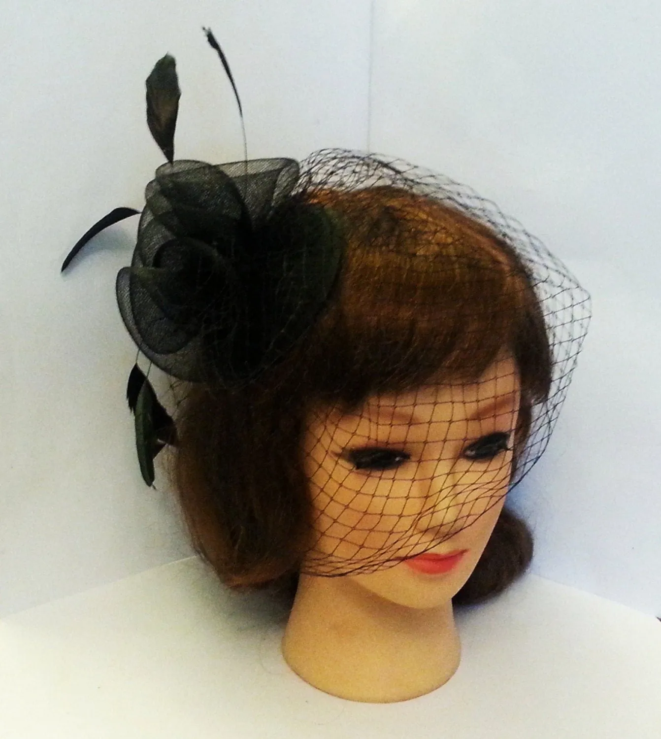 Bridal, wedding  Black Birdcage Veil Fascinator with feather hat hairpiece. Vintage inspired Frenchnet bridal, ceremoney hat veil headpiece