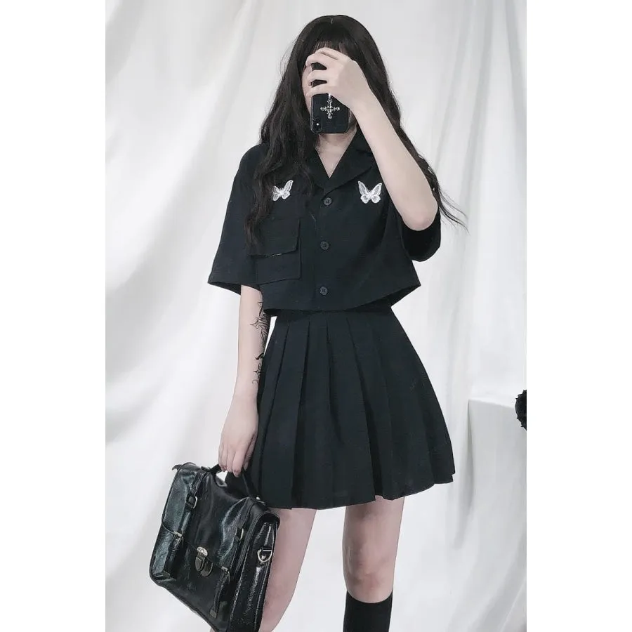 Darkness Two Piece Street Look Butterfly Pocket T-shirt Pleated Skirt J40392