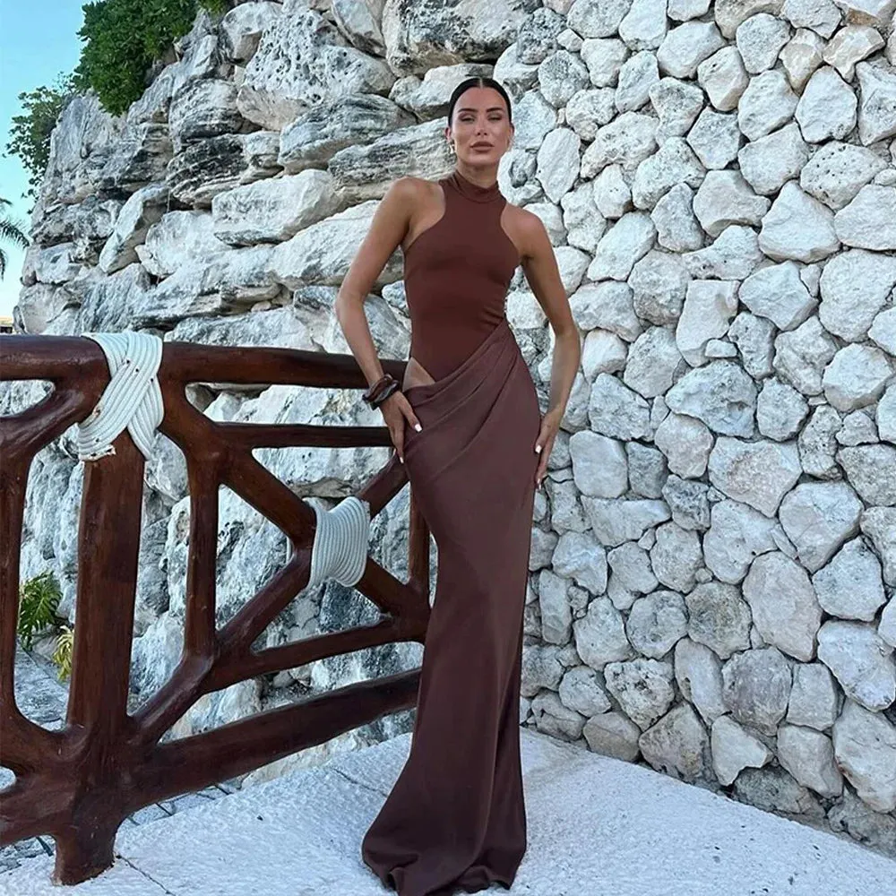 Elegant High-Neck Sleeveless Evening Gown with Draped Satin Skirt