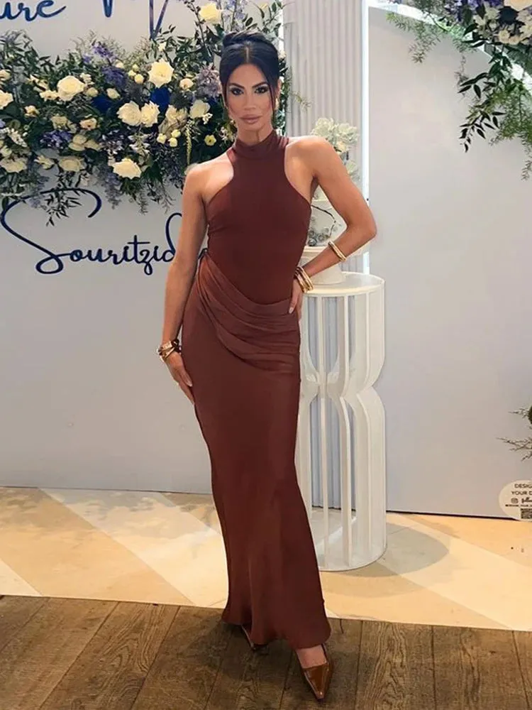 Elegant High-Neck Sleeveless Evening Gown with Draped Satin Skirt