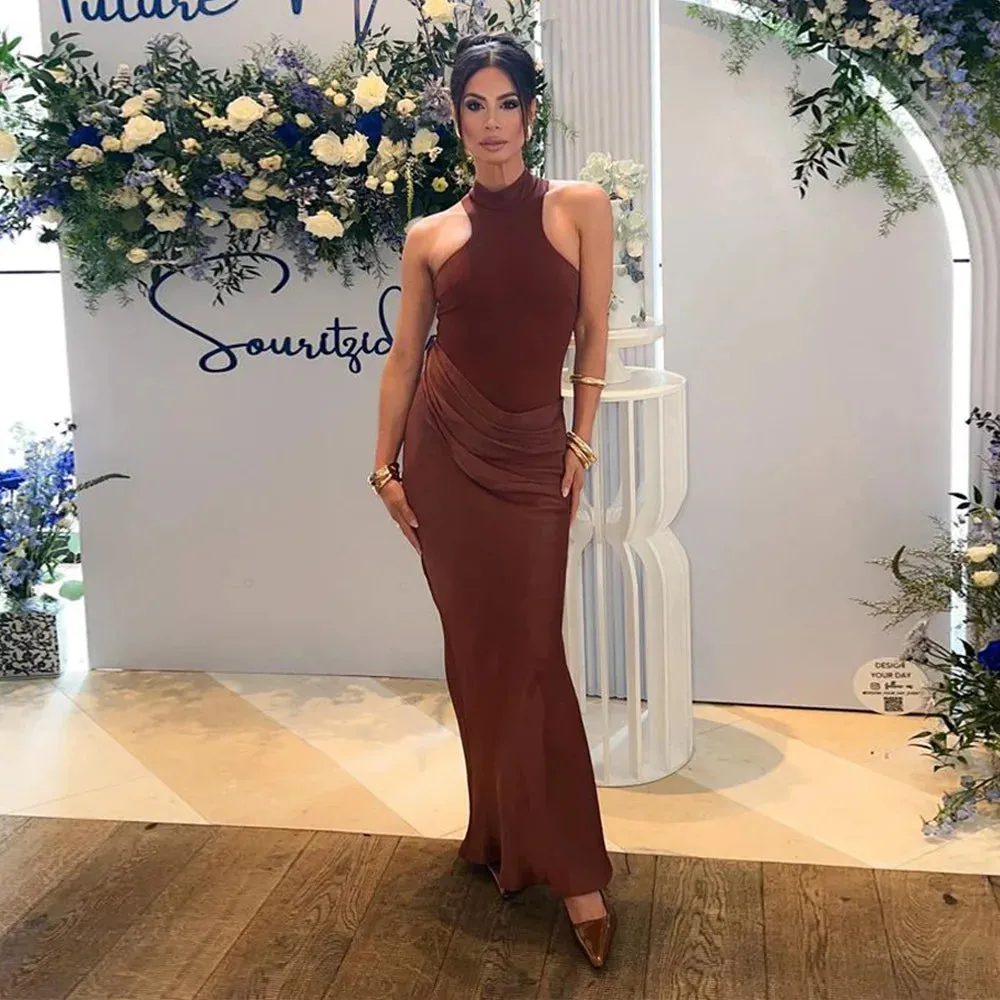 Elegant High-Neck Sleeveless Evening Gown with Draped Satin Skirt