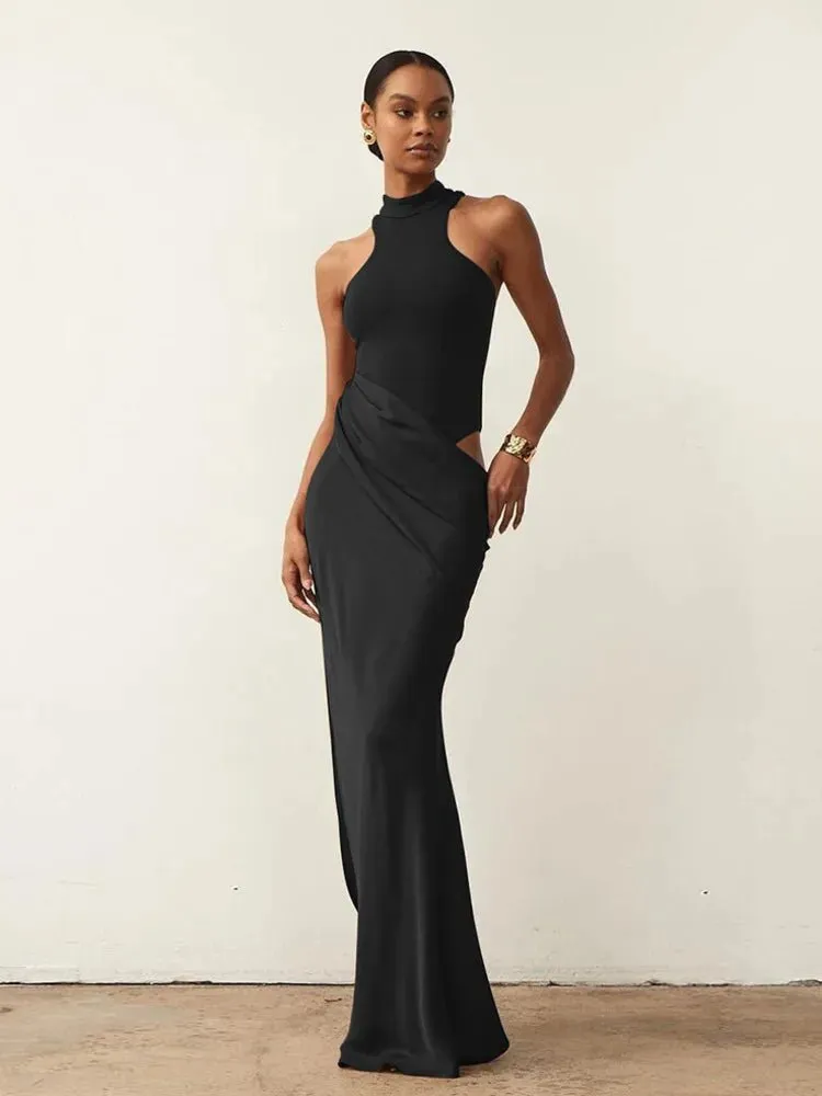 Elegant High-Neck Sleeveless Evening Gown with Draped Satin Skirt