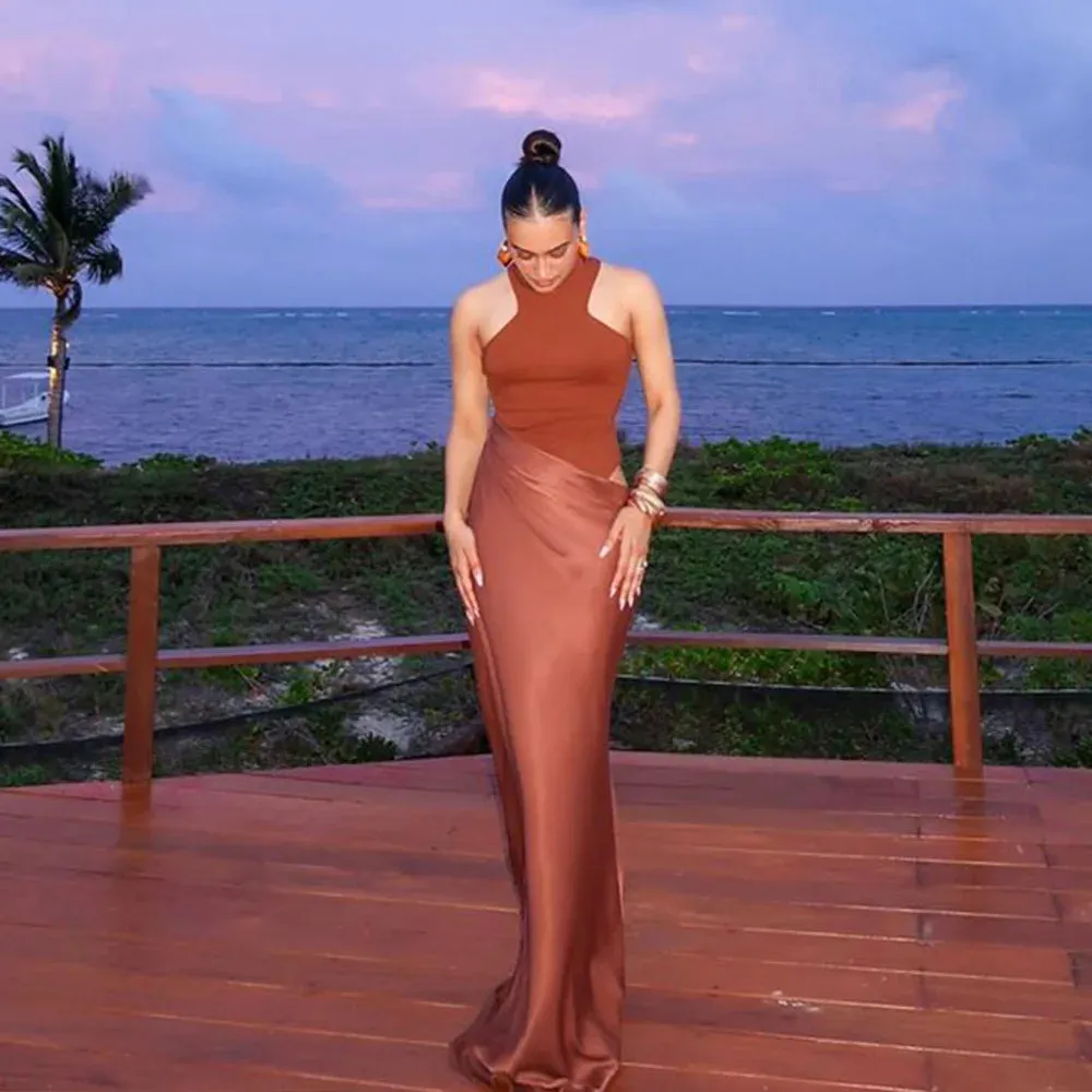 Elegant High-Neck Sleeveless Evening Gown with Draped Satin Skirt