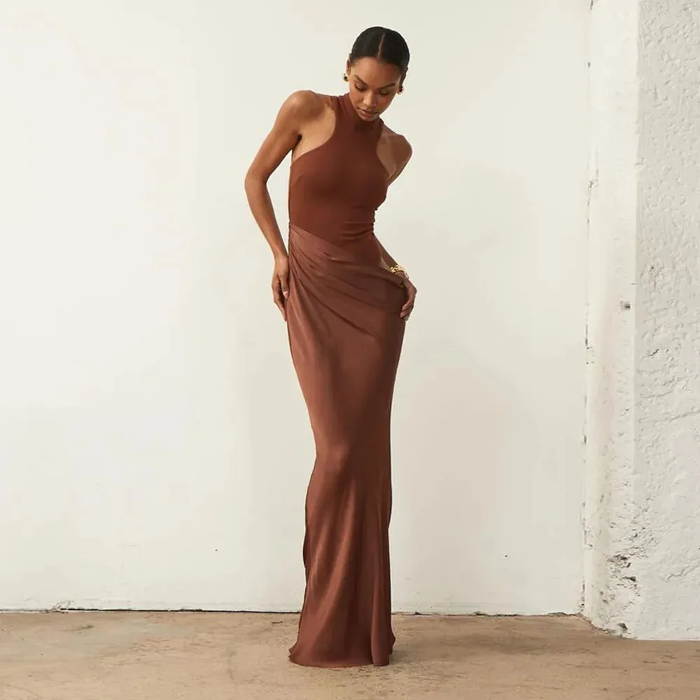 Elegant High-Neck Sleeveless Evening Gown with Draped Satin Skirt