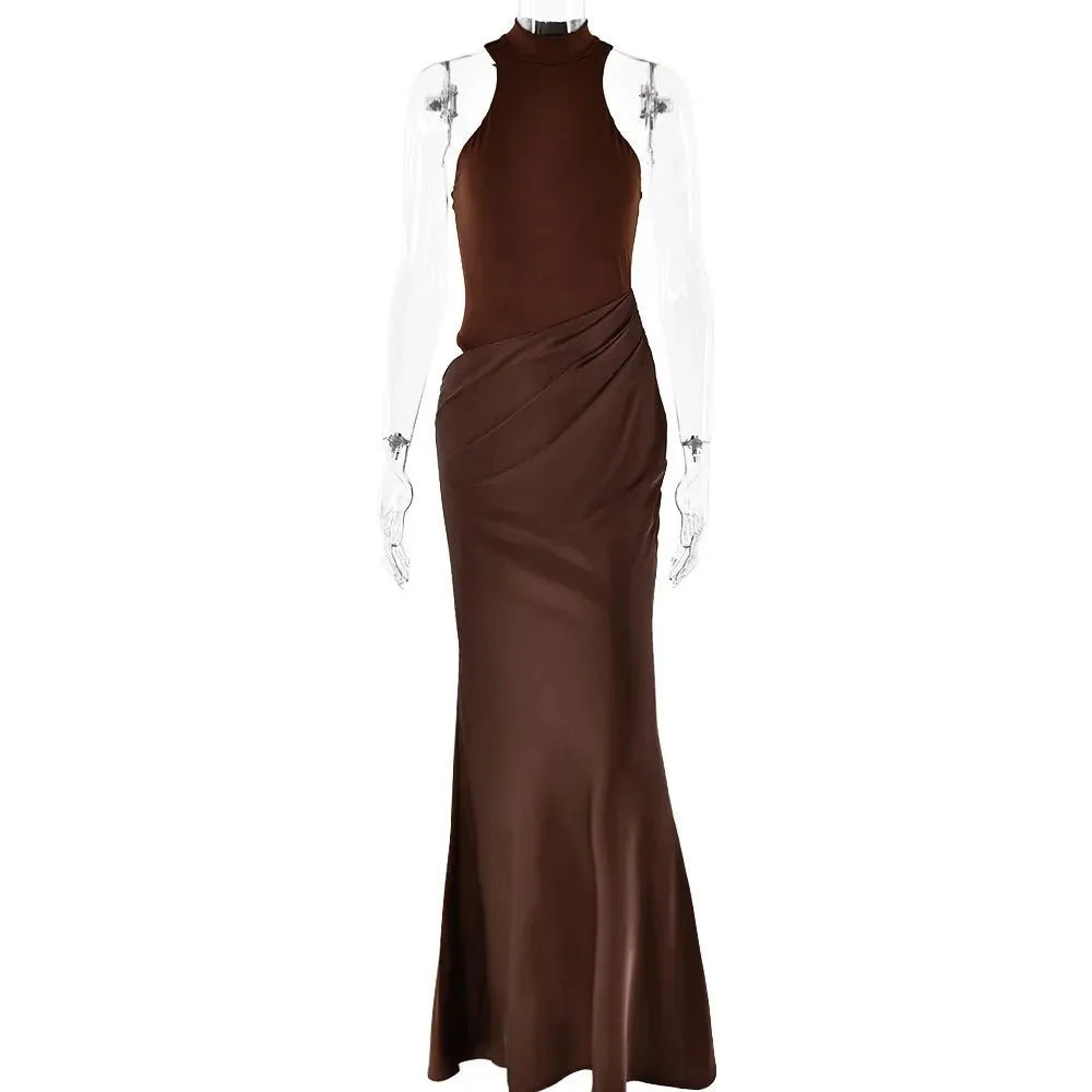 Elegant High-Neck Sleeveless Evening Gown with Draped Satin Skirt