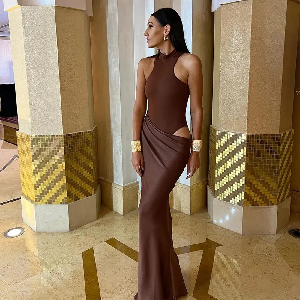 Elegant High-Neck Sleeveless Evening Gown with Draped Satin Skirt