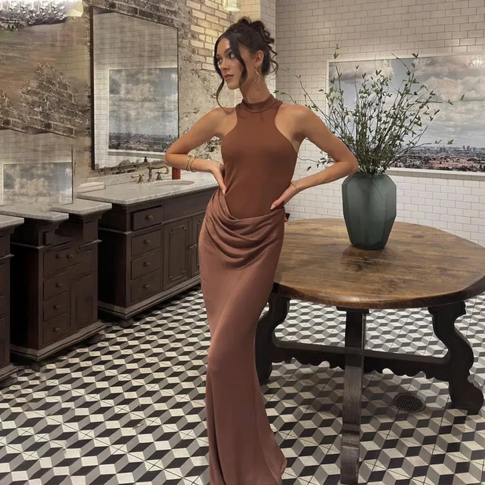 Elegant High-Neck Sleeveless Evening Gown with Draped Satin Skirt