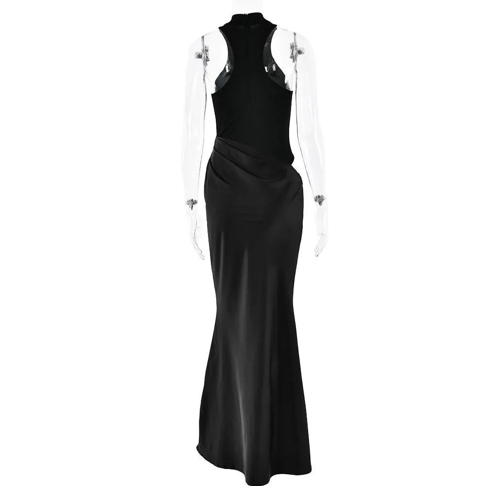 Elegant High-Neck Sleeveless Evening Gown with Draped Satin Skirt