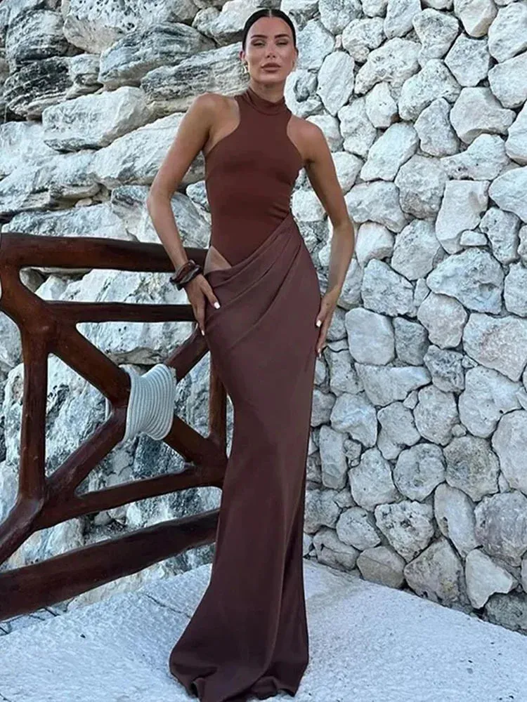 Elegant High-Neck Sleeveless Evening Gown with Draped Satin Skirt