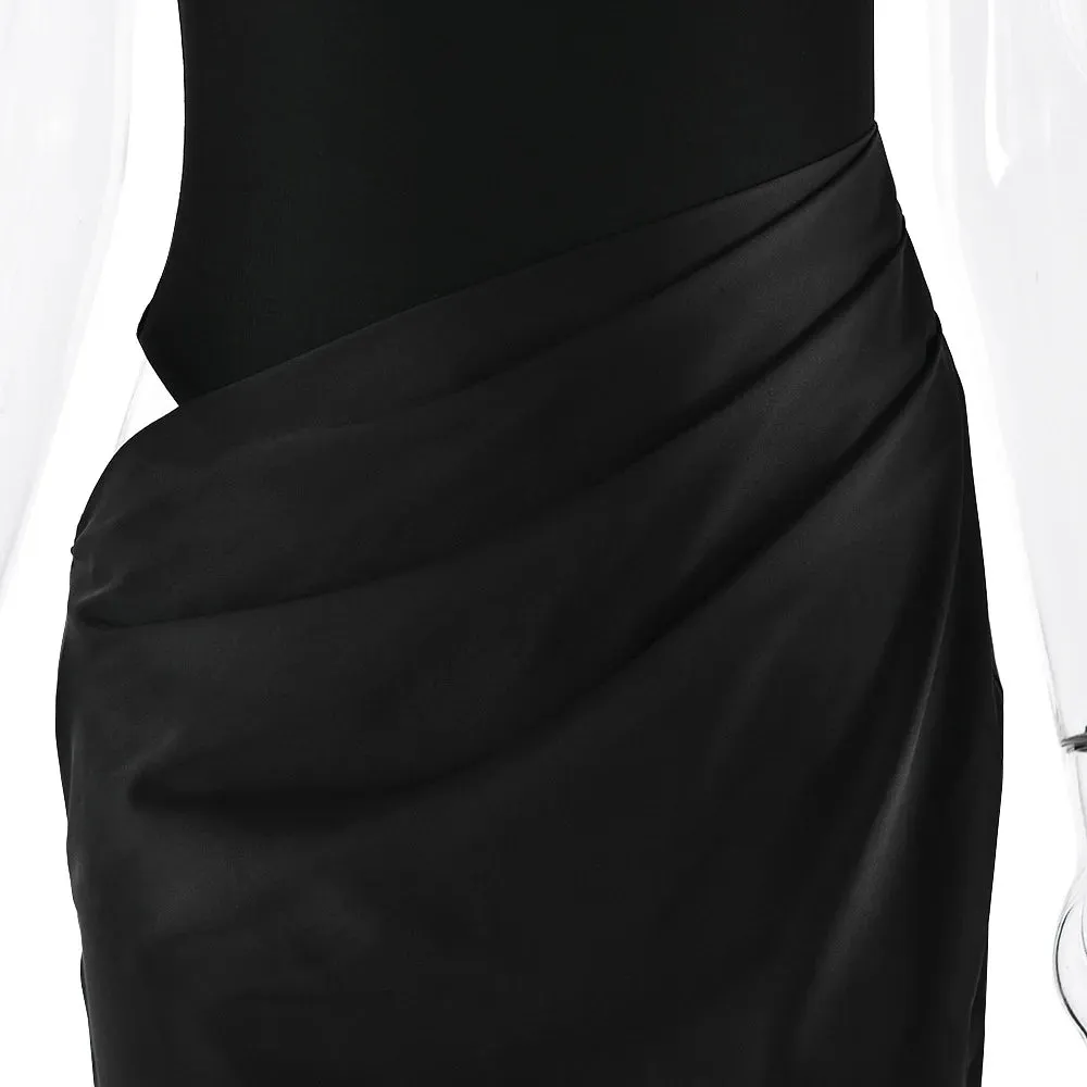 Elegant High-Neck Sleeveless Evening Gown with Draped Satin Skirt