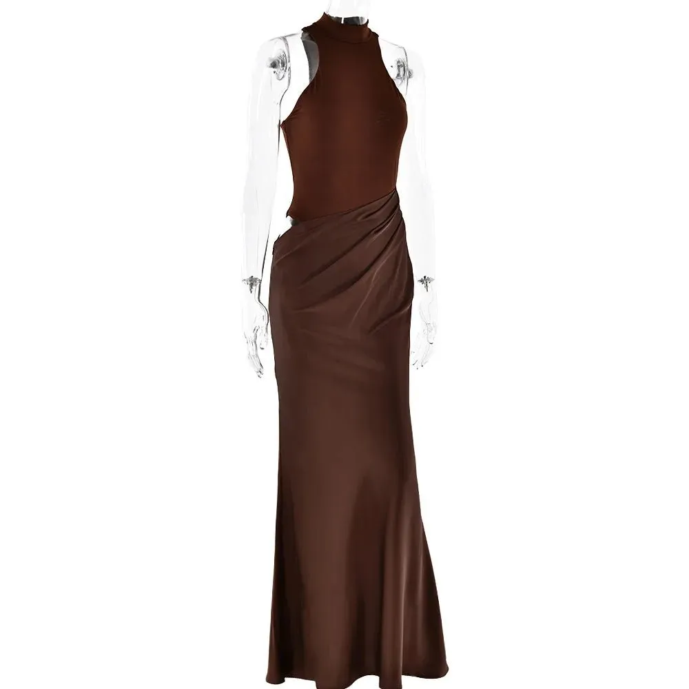 Elegant High-Neck Sleeveless Evening Gown with Draped Satin Skirt