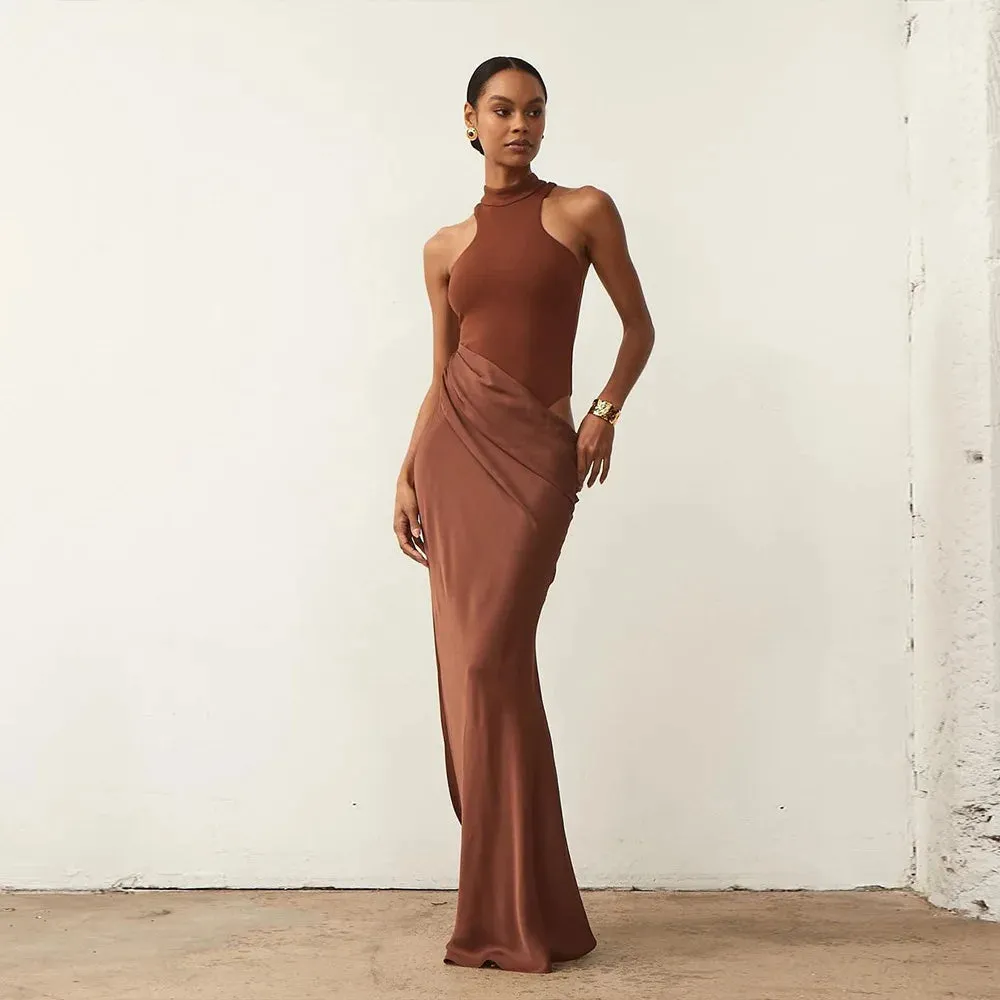 Elegant High-Neck Sleeveless Evening Gown with Draped Satin Skirt