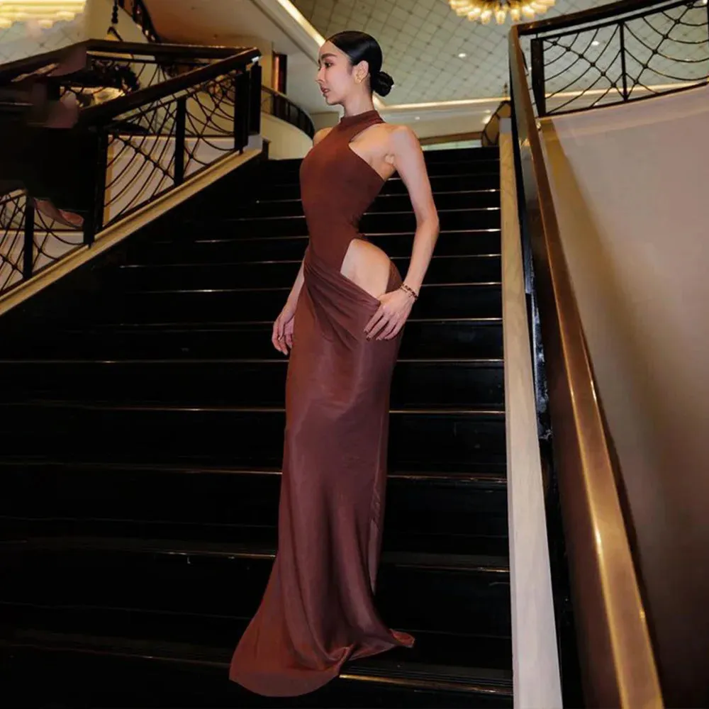 Elegant High-Neck Sleeveless Evening Gown with Draped Satin Skirt