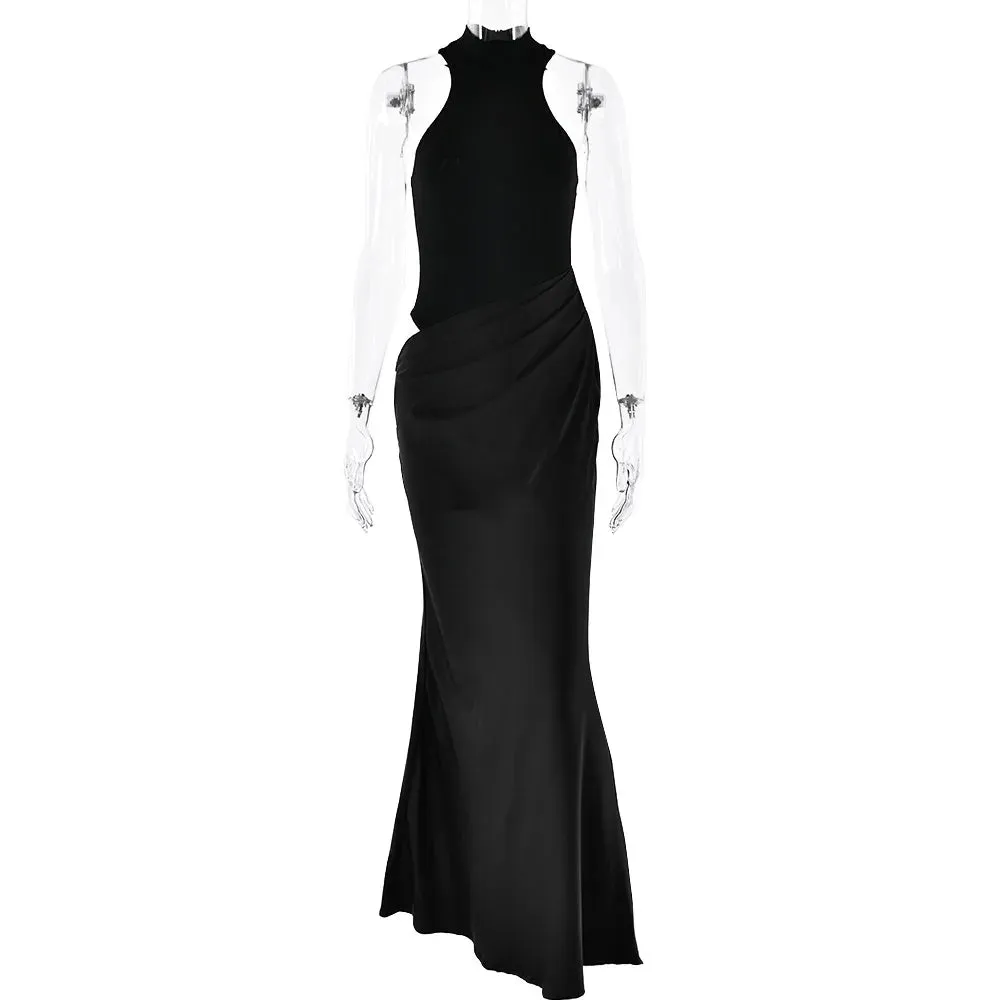 Elegant High-Neck Sleeveless Evening Gown with Draped Satin Skirt