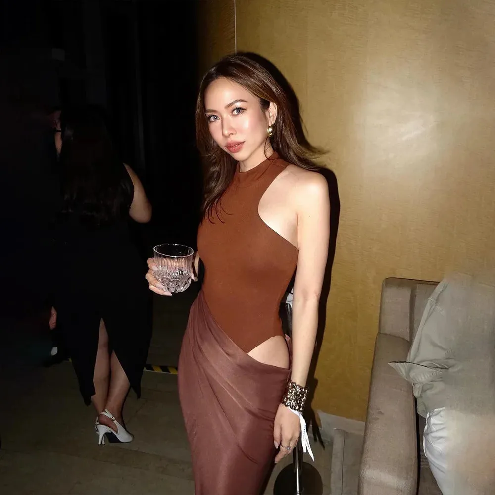 Elegant High-Neck Sleeveless Evening Gown with Draped Satin Skirt