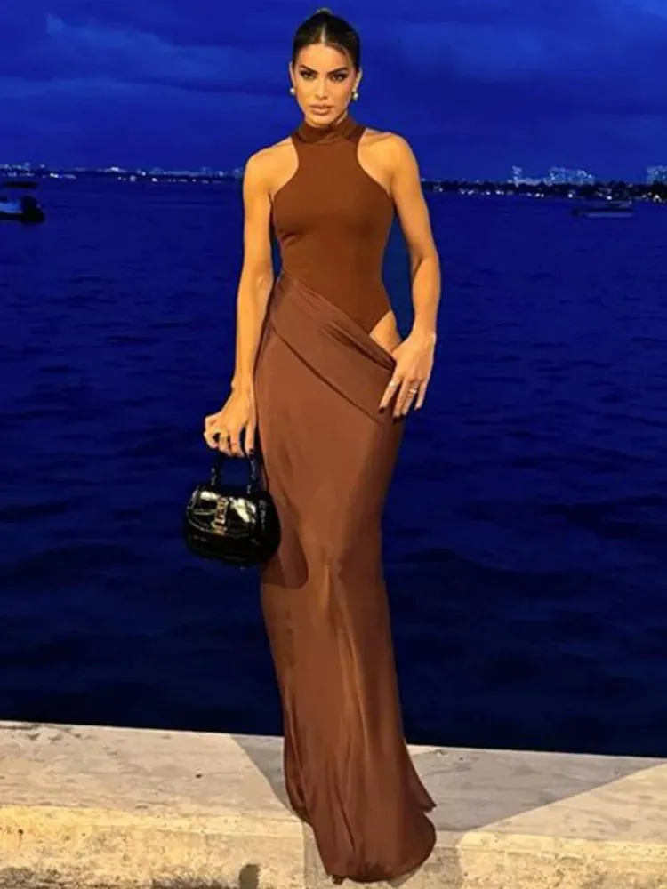 Elegant High-Neck Sleeveless Evening Gown with Draped Satin Skirt