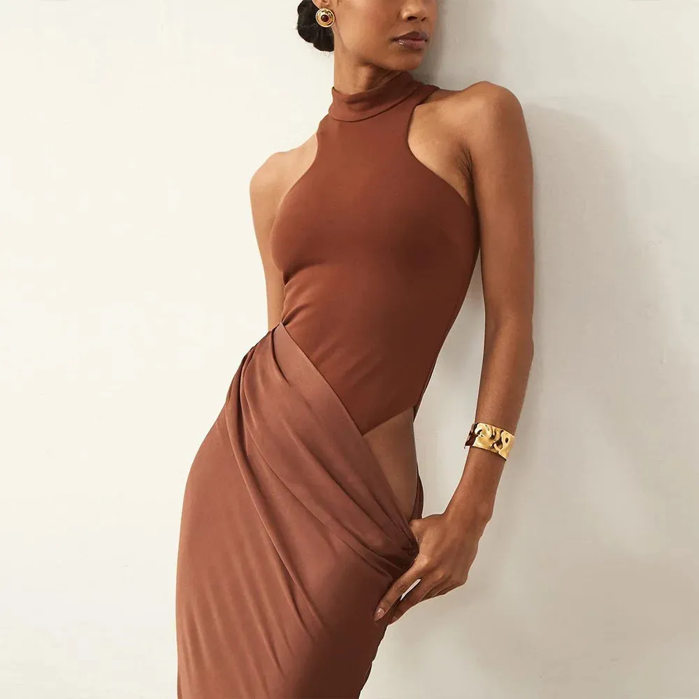 Elegant High-Neck Sleeveless Evening Gown with Draped Satin Skirt