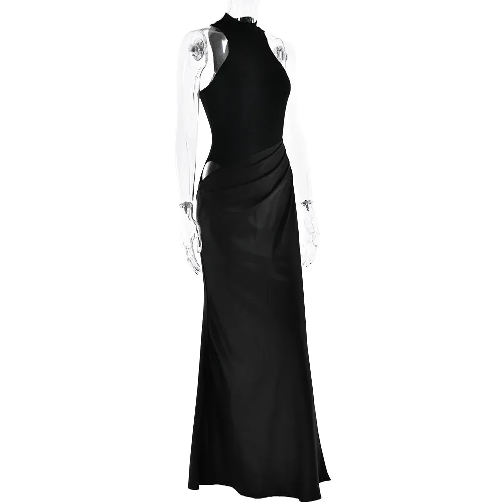 Elegant High-Neck Sleeveless Evening Gown with Draped Satin Skirt
