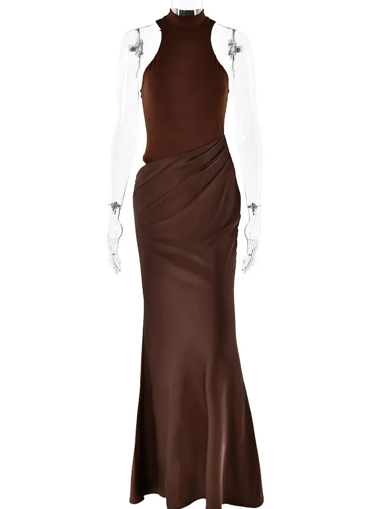 Elegant High-Neck Sleeveless Evening Gown with Draped Satin Skirt