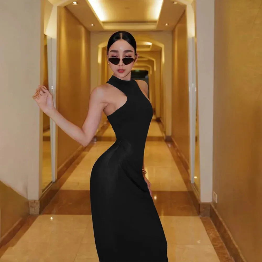 Elegant High-Neck Sleeveless Evening Gown with Draped Satin Skirt