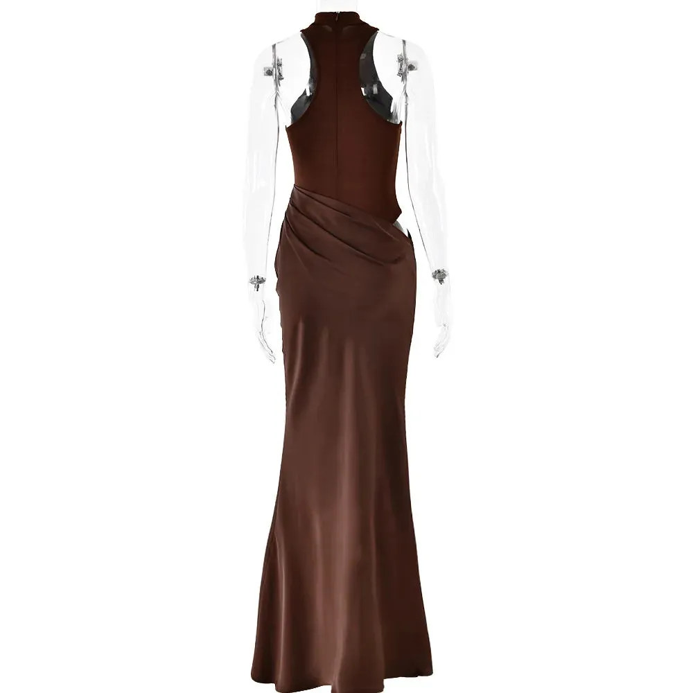 Elegant High-Neck Sleeveless Evening Gown with Draped Satin Skirt