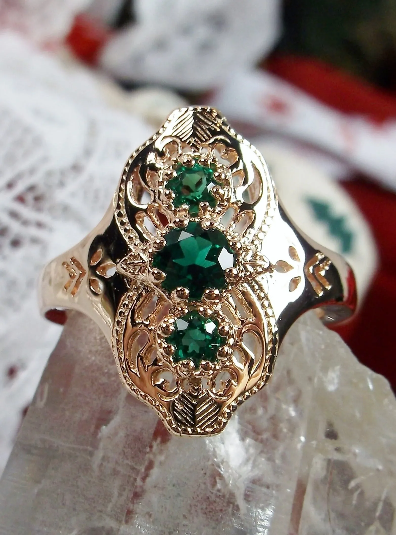 Emerald Ring, Spider Gatsby, Gold Vintage Jewelry D172