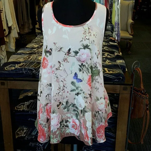 Entro | Peach Floral Print Sleeveless Blouse