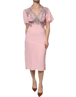 ERMANNO SCERVINO Women Pink Dress 100% Silk Floral Lace Short Sleeves Gown IT 40