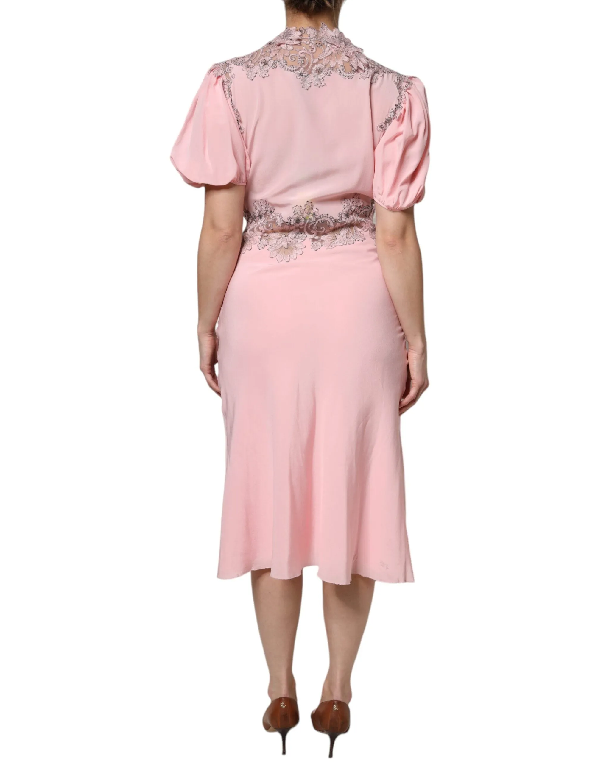 ERMANNO SCERVINO Women Pink Dress 100% Silk Floral Lace Short Sleeves Gown IT 40