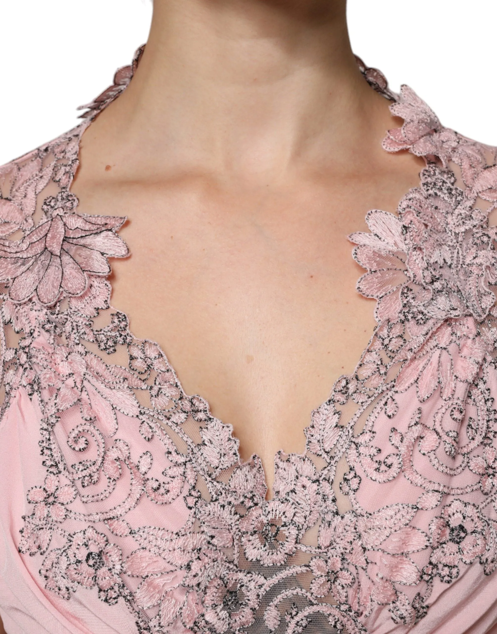 ERMANNO SCERVINO Women Pink Dress 100% Silk Floral Lace Short Sleeves Gown IT 40