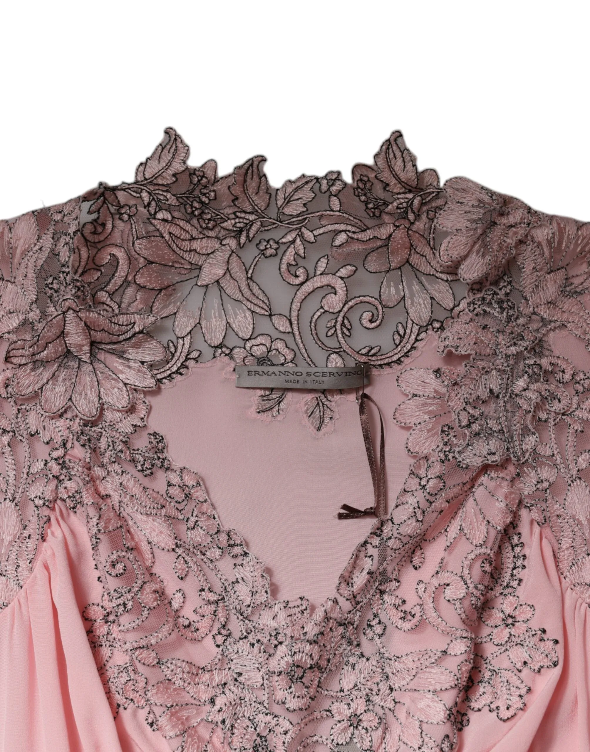 ERMANNO SCERVINO Women Pink Dress 100% Silk Floral Lace Short Sleeves Gown IT 40